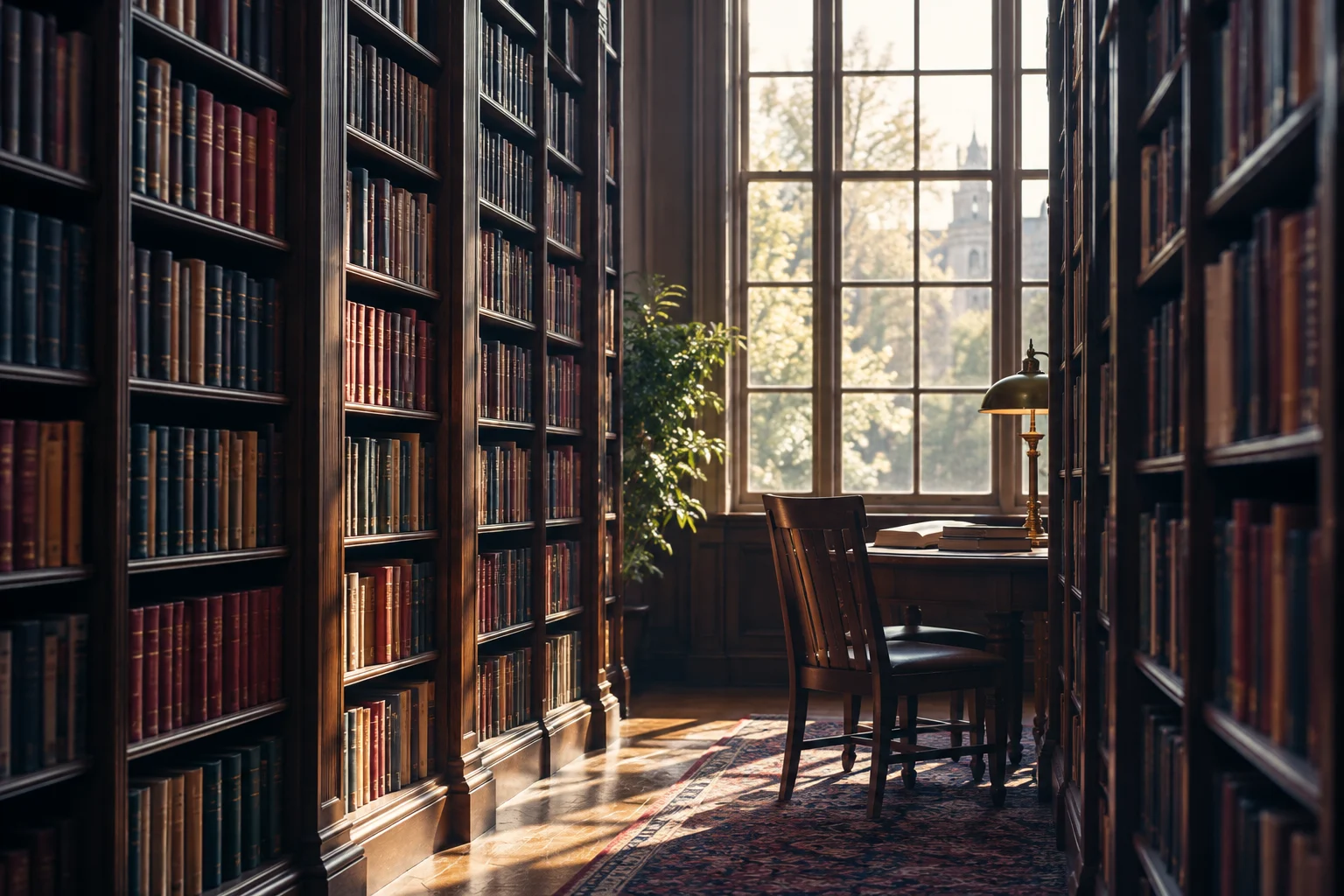 Daylight falls across a reading table beside library shelves.