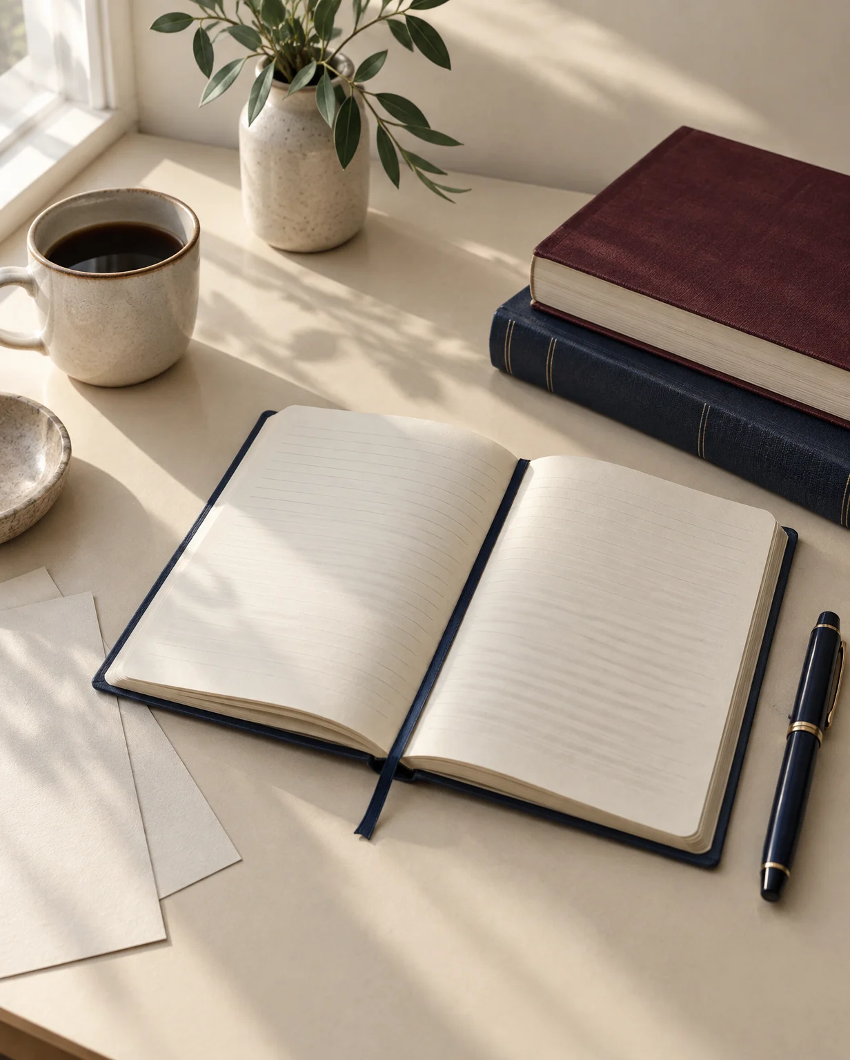 An open notebook, reference books and loose papers arranged on a desk.