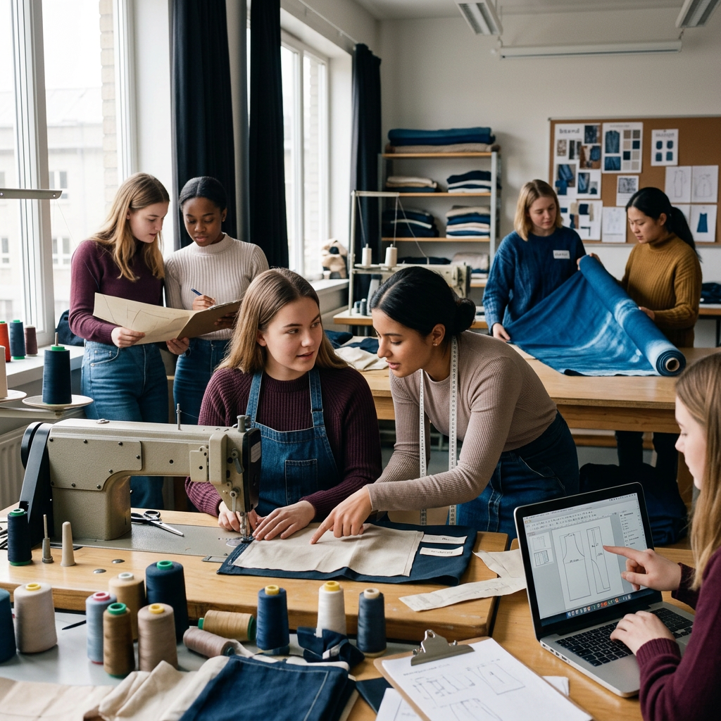 Student sewing fabric at a machine while classmates work in a studio